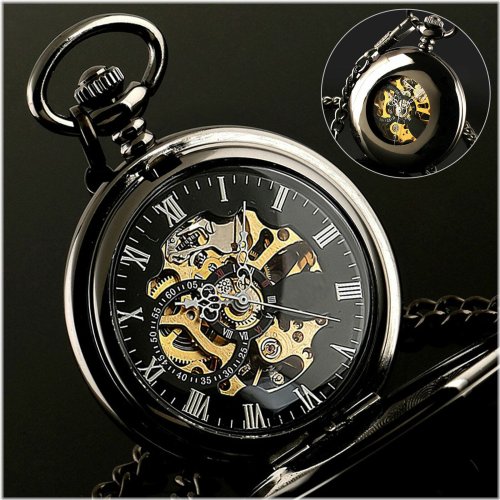 Retro Steampunk Skeleton Pocket Watch - Black Mechanical Design with Chain