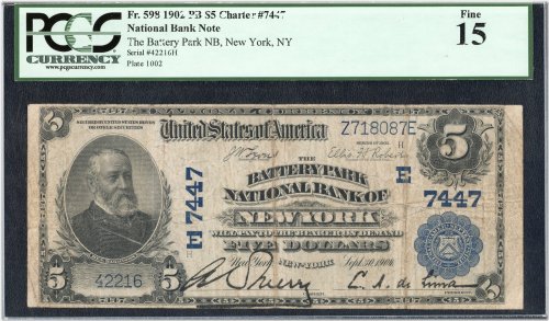 Battery Park National Bank of New York 1902 $5 Note