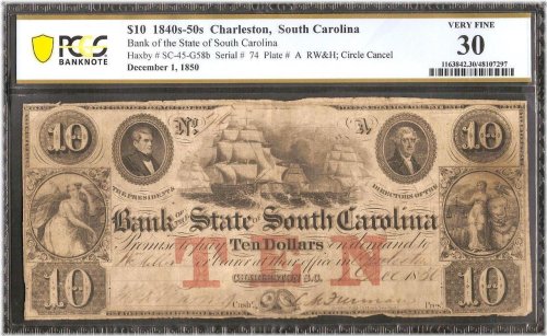 Antique South Carolina Bank Note - $10 Denomination, 1850