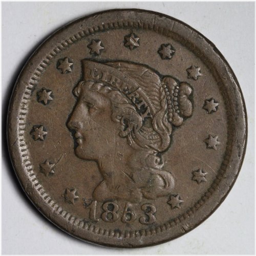 1853 Braided Hair Large Cent XF E166 ACM