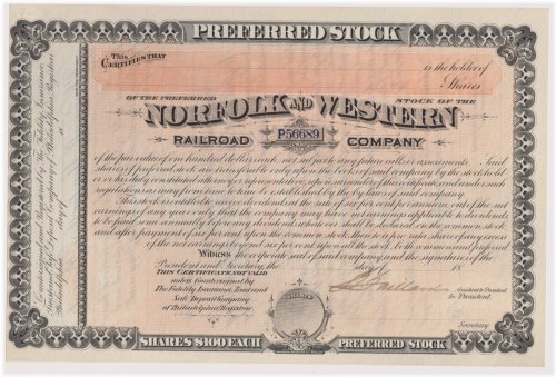 Norfolk & Western Railroad Company Preferred Stock Certificate