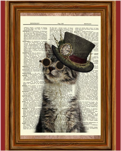 Whimsical Feline Wonderland Art Print - A One-of-a-Kind Steampunk Masterpiece