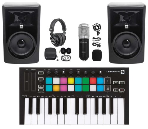 Complete Audio Setup: JBL 306P Monitors, Controller, Headphones, and Mic