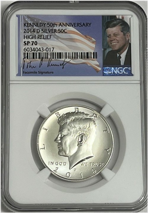 Silver High Relief 50th Anniversary Kennedy Coin (NGC SP70, 2014, Signature Label)