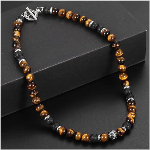 Tiger Eye and Lava Stone Necklace with Stainless Steel Toggle