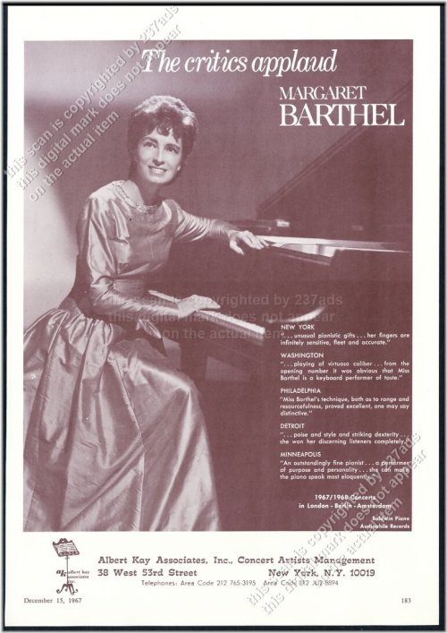 Vintage Margaret Barthel Piano Recital Tour Print Ad (1967)