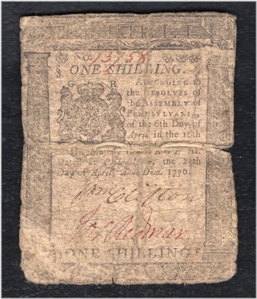 Pennsylvania Colonial Shilling Note - April 25, 1776