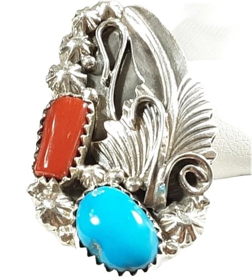 Southwestern Etched Turquoise & Coral Ring by Navajo M. Montoya