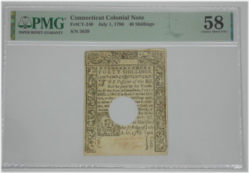 Connecticut Colonial 40 Shillings Note PMG 58 Ch AU Fr#CT-240 CANCELLED