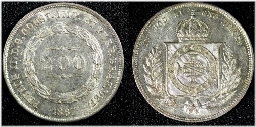 Pedro II Silver 1867 200 Reis Last Year Type ch.UNC KM# 469