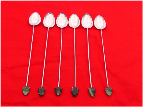 Oriental Treasures: Vintage Chinese Silver & Jade Tall Drink Spoons Set