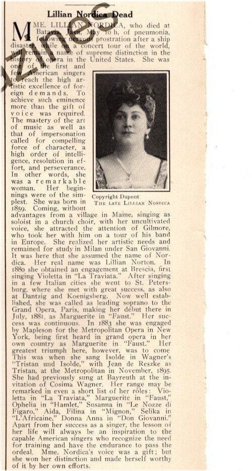 The Legacy of Lillian Nordica: A Historical Theater Obituary