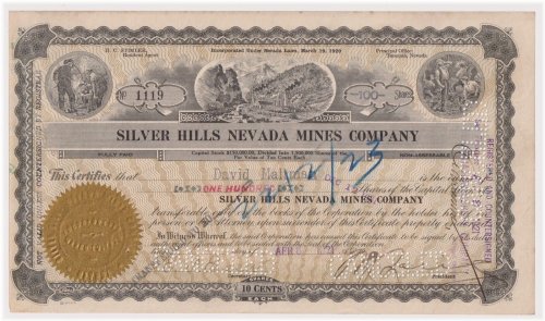 Silver Hills Nevada Mines Company Stock Certificate - 1921 Tonopah