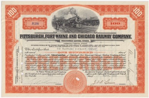 Pittsburgh Fort Wayne & Chicago Railway Stock Certificate (1919)