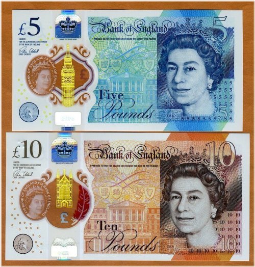 Great Britain Polymer Banknotes - 5 and 10 Pound Set (2016-2017)