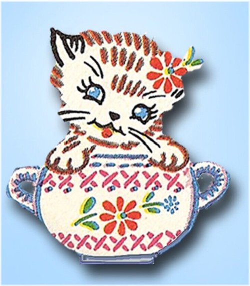 Kitten & Dishes Tea Towel Embroidery Transfer - 1950s Vintage Vogart Design #264