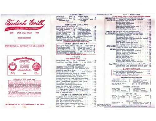 San Francisco Grill Menu Reprint