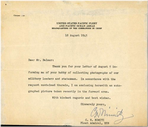 1945 US Pacific Fleet Letter Signed by Admiral Chester Nimitz