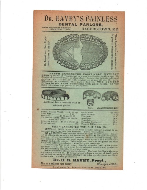 Antique Dental Ad Flyer from Dr. Eavey's Practice in Hagerstown, MD