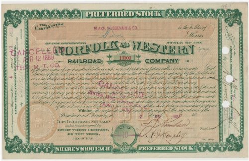 Norfolk & Western Railroad Company Stock Certificate - 1887