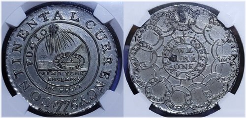 Pewter Continental Dollar from 1776 with NGC UNC Details