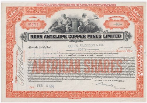 Antique Roan Antelope Copper Mines Limited Stock Certificate