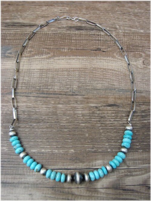 Southwest Turquoise Sterling Silver Link Chain Necklace