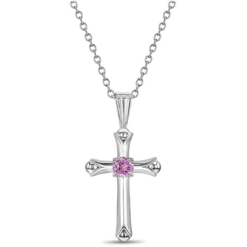 Petite Pink CZ Rhodium Cross Pendant Necklace