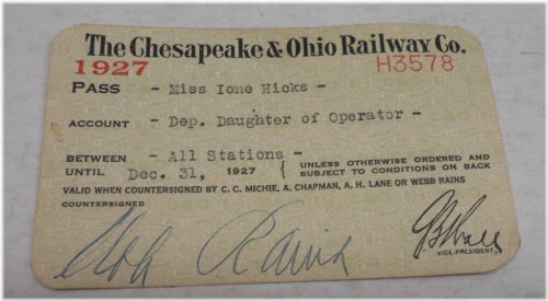 C&O Rail Pass - Operator's Daughter, 1927