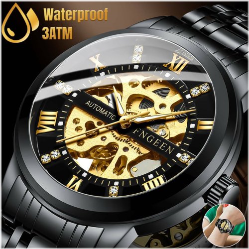 Gold Tone Skeleton Automatic Mechanical Wristwatch - Men's Luxury Stainless Steel