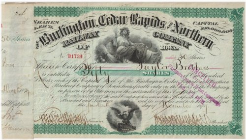 Burlington Cedar Rapids & Northern Railway Stock Certificate Trio