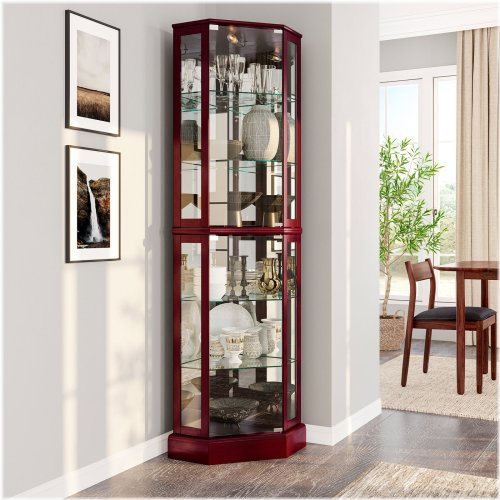 Corner Curio Cabinet with Glass Shelves and Lighting, Available in 2 Colors