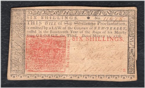 New Jersey March 25, 1776 6 Shillings Note