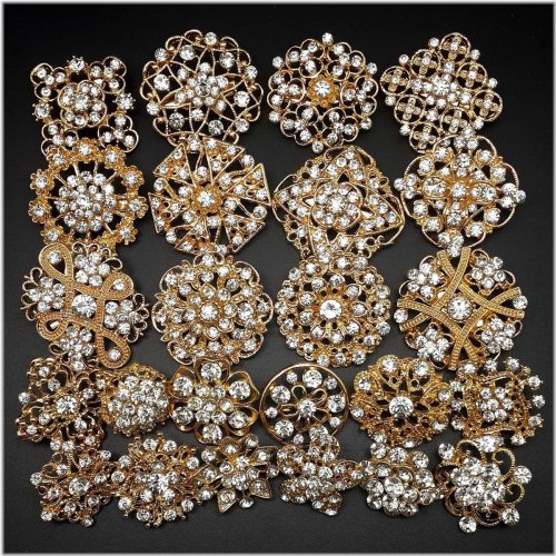 Golden Crystal Brooch Set - 24 Pieces