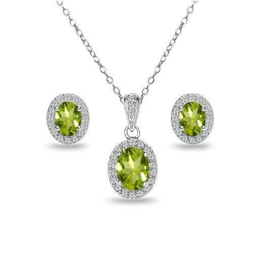 Peridot Halo Set: Sterling Silver Necklace & Stud Earrings with White Topaz Accents