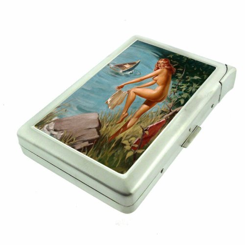 Vintage Pin-Up Metal Cigarette Case with Lighter