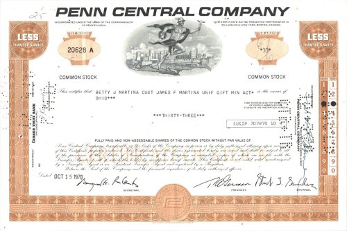 Vintage Penn Central Railway Stock Certificate - 33 Shares