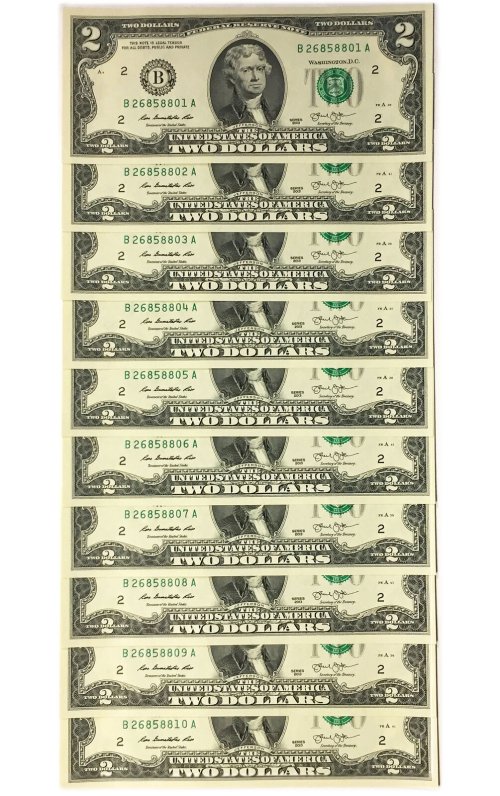 Uncirculated $2 Dollar Bills in 10-Pocket Portfolio