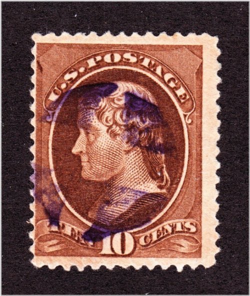 Jefferson 10c Stamp with Quartered Magenta Cancel