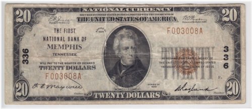 Memphis First National $20 Banknote, 1929