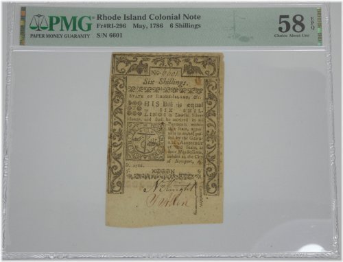 Rhode Island 6 Shilling Colonial Note - May 1786
