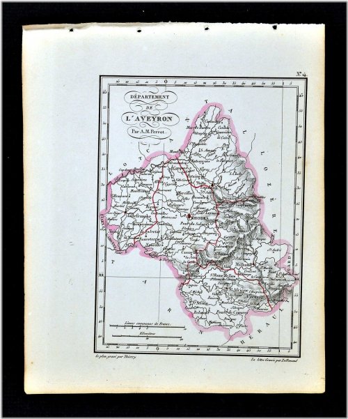 1841 Perrot France Map - L'Aveyron, Rhodes, Milhaud, Villefranche, Nant