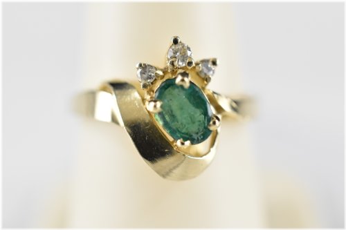 Emerald and Diamond Mid-Century Modernist Ring in 14K - Size 7