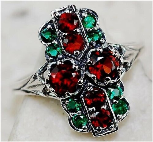 Emerald & Garnet Sterling Silver Art Nouveau Ring