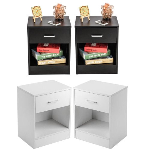 Wooden Drawer Bedside Tables with Storage Shelves - Set of 2