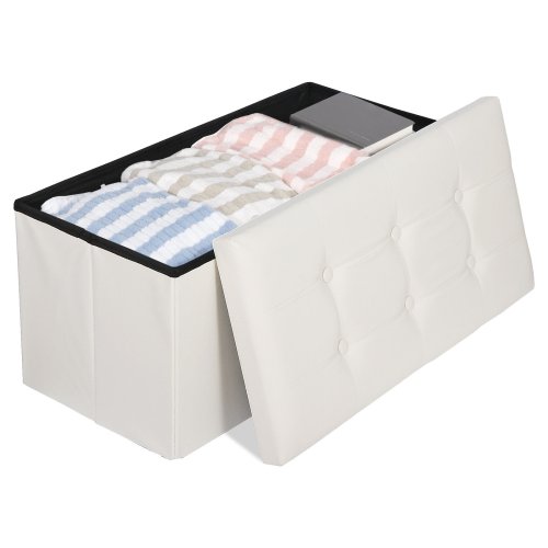 Beige Leather Folding Storage Bench