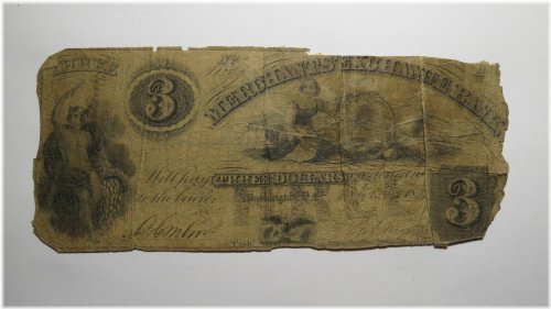 Washington D.C. Merchants Exchange Bank $3 1852 Obsolete Currency Bank Note