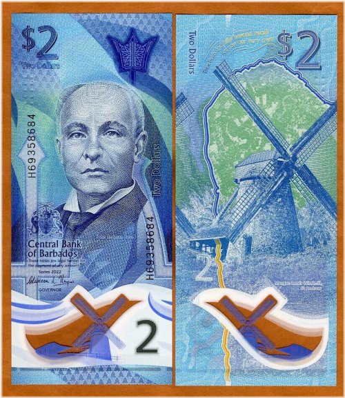 Barbados $2 Polymer Banknote with Fresh Design, UNC 2022