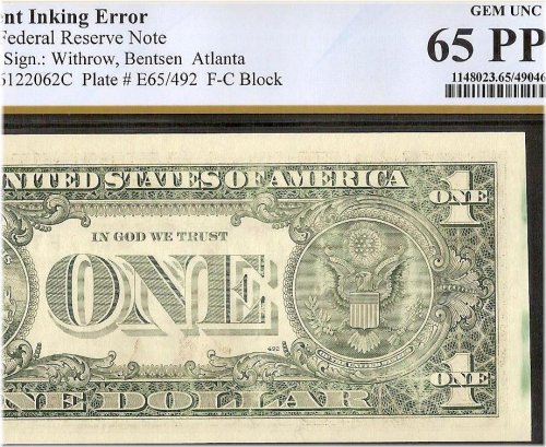 1993 $1 Bill Insufficient Missing Ink Error Note Paper Money PCGS 65 PPQ