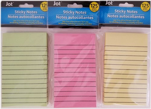 Ruled Jot Sticky Notes - 125 Sheets/Pad (Green, Pink, Yellow)